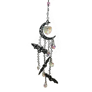 Halloween Bat & Moon Alloy Hanging Ornaments, Star/Heart Glass Tassel Suncatchers for Home Decorations, Black, 400~600mm
