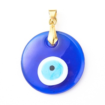 Handmade Lampwork Evil Eye Pendants, with Brass Pinch Bails, Flat Round, Medium Blue, 30x5mm, Hole: 4x5mm