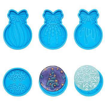 Boutigem 6Pcs 6 Style DIY Silicone Fondant Molds, UV Resin & Epoxy Resin Jewelry Making, for DIY Phone Stands and Accessories, Christmas Tree & Bowknot & Flat Round & Snowflake, Deep Sky Blue, 46x6mm, Inner Diameter: 43mm