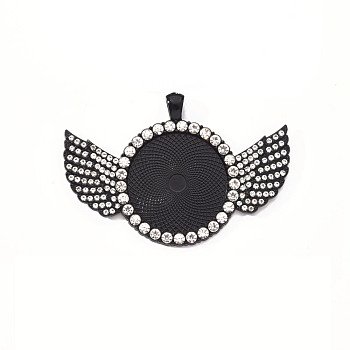 Alloy Pendant Cabochon Settings, with Crystal Rhinestone, Cadmium Free & Lead Free, Flat Round with Wing, Electrophoresis Black, Tray: 30mm, 46x68x4mm, Hole: 5.5x3.5mm