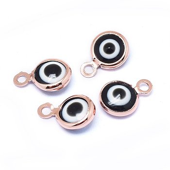 Handmade Evil Eye Lampwork Charms, with Brass Findings, Flat Round, Black, Real Rose Gold Plated, 10x6.5x3mm, Hole: 1.5mm