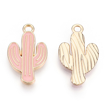 Light Gold Plated Alloy Pendants, with Enamel, Cactus, Pink, 21x12.5x1.5mm, Hole: 1.8mm