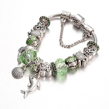 Ocean Theme Alloy Rhinestone Bead European Bracelets, with Glass Beads and Brass Chain, Pale Green, 180mm