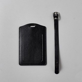 PU Leather Luggage Tags, with Iron Clasp, Rectangle, Black, 110x72x2.5mm