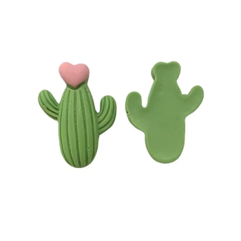 Opaque Resin Plant Cabochons, Cactus with Heart, Lawn Green, 25x19mm