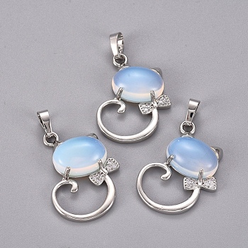 Opalite Kitten Pendants, with Platinum Tone Brass Findings and Crystal Rhinestone, Cat with Bowknot Shape, 32x25.5x7.5mm, Hole: 4.5x7mm