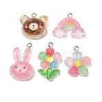 Transparent Resin Pendants, Mixed Shapes Charm, with Platinum Iron Loops & Glitter Powder, Mixed Color, 20~29.5x18~25x7~8/mm, Hole: 2mm(RE-CBA6A90-01P)