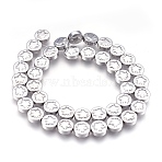 Autumn Theme Non-magnetic Synthetic Hematite Bead Strands, Flat Round with Maple Leaf, Platinum Plated, 9.5~10.5x4mm, Hole: 1mm, about 41pcs/strand, 15.9 inch(40.5cm)(G-I208-12-G)