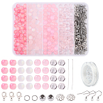 DIY Earrings Kits, include 200Pcs Glass Round Bead, 30Pcs Spacer Beads, 30Pcs Earring Hooks, 30Pcs Lobster Claw Clasps, 30Pcs Earring Hooks, 60Pcs Jump Rings, Pink, 8mm(DIY-YW0016-31)