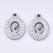 201 Stainless Steel Pendants, with Polymer Clay Crystal Rhinestone, Oval with Woman, Stainless Steel Color, 18x13x2mm, Hole: 1.6mm(STAS-N091-16P)
