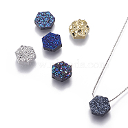 Brass Pendant Necklaces, with Druzy Resin and Box Chains, Hexagon, Platinum, Mixed Color, 17.71 inch(45cm), Pendant: 10x10x3.5mm(NJEW-I105-02P)