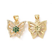 Brass Micro Pave Cubic Zirconia Pendants, Real 18K Gold Plated, Hollow Butterfly with Flower Charm, Green, 18.5x18x4mm, Hole: 3.5x4.5mm(ZIRC-I063-44G-01)