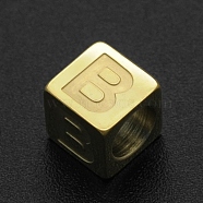 201 Stainless Steel European Beads, Large Hole Beads, Horizontal Hole, Cube, Golden, Letter.B, 7x7x7mm, Hole: 5mm(STAS-N090-LA063-B)