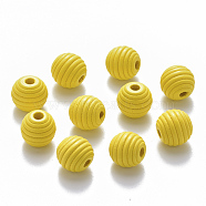 Painted Natural Wood Beehive Beads, Round, Yellow, 12x11mm, Hole: 3.5mm(WOOD-Q040-019B-A03)