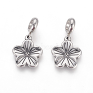 304 Stainless Steel European Dangle Charms, Large Hole Pendants, Flower, Antique Silver, 29mm, Hole: 5mm, Pendant: 19x16x2.5mm(STAS-P217-07AS)