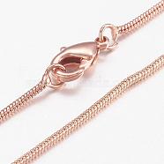 Brass Round Snake Chain Necklaces, with Lobster Claw Clasps, Real Rose Gold Plated, 17.71 inch(45cm)(MAK-L009-08RG)