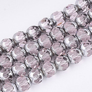 Electroplate Glass Beads Strands, Half Silver Plated, Faceted, Round, Pink, 8~8.5x7~8mm, Hole: 1mm, about 40pcs/strand, 11.8 inch(EGLA-T019-02B)