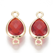 Glass Links connectors, with Brass Findings, Faceted Teardrop, Nickel Free, Real 18K Gold Plated, Red, 14x7x3mm, Hole: 1.2mm(KK-Q752-002G-02)