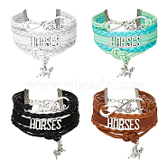 4Pcs 4 Colors Imitation Leather Multi-strand Bracelets Set, Alloy Infinity Love & Horse Charms Stackable Bracelets, Mixed Color, 6-7/8 inch(17.5cm), 1Pc/color(BJEW-FI0001-18)