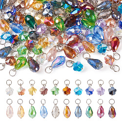 120Pcs 20 Style Electroplate Glass Pendant, Faceted Teardrop & Flower Charms, with Brass Ball Head Pins and 304 Stainless Steel Open Jump Rings, Mixed Color, 15~20mm, Holer: 5.4mm, 6Pcs/style(CW-TAC0001-21)