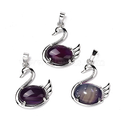 Natural & Dyed Purple Agate Pendants, with Platinum Tone Brass Findings, Cadmium Free & Lead Free, Swan, 32x25x7.3mm, Hole: 8mm(G-M385-04P-A)