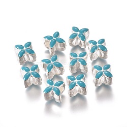 Alloy Enamel European Beads, Large Hole Beads, Flower, Silver Color Plated, Deep Sky Blue, 10x10x8mm, Hole: 5mm(MPDL-R006-02)