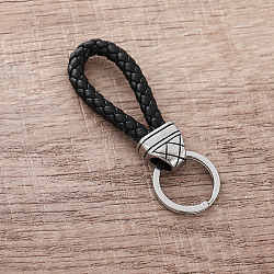 Braided PU Leather Keychains, with 304 Stainless Steel Split Key Rings, Stainless Steel Color, Black, 65mm(EK2353)