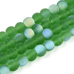 Frosted Transparent Glass Beads Strands, Round, Half Plated, AB Color Plated, Green, 6~6.5mm, Hole: 0.9mm, about 67~70pcs/strand, 14.57~15.16''(37~38.5cm)(GLAA-T032-T6mm-MBB07)