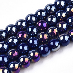 Electroplate Opaque Glass Beads Strands, AB Color Plated, Round, Dark Blue, 6~6.5mm, Hole: 1.4mm, about 67~70pcs/strand, 14.76 inch~15.16 inch(37.5~38.5cm)(X-GLAA-T032-P6mm-AB03)