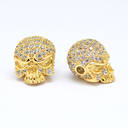 Brass Micro Pave Cubic Zirconia Beads, Skull, Lead Free & Nickel Free & Cadmium Free, Clear, Golden, 13x10x10mm, Hole: 1.5mm(ZIRC-ZX0001-03G-NR)