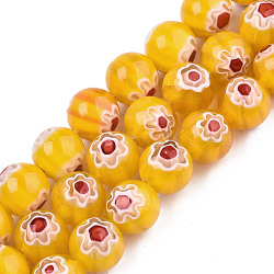 Handmade Millefiori Glass Beads Strands, Round with Flower Pattern, Gold, 10mm, Hole: 1.2mm, about 36~38pcs/strand, 13.78 inch~14.88 inch(35cm~37.8cm)(LK-T001-10J)