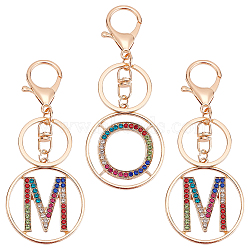 WADORN Alloy Colorful Rhinestone Keychain, with Key Rings and Lobster Claw Clasps, Flat Round with Letter O & Letter M, Light Gold, 11cm, Pendant: 48.5x44x2.4mm, 3pcs/box(KEYC-WR0001-26)