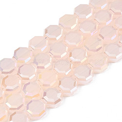 Electroplate Opaque Solid Color Glass Beads Strands, AB Color Plated, Half Plated, Faceted, Octagon, Misty Rose, 7~8x7~8x4mm, Hole: 1.2mm, about 72pcs/strand, 20.47 inch(52cm)(EGLA-N002-27-B05)