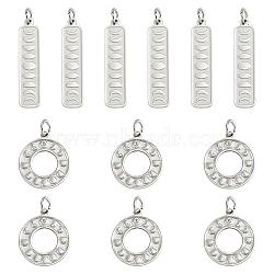 DICOSMETIC 12Pcs 2 Style 304 Stainless Steel Pendants, Manual Polishing, with Jump Ring, Textured, Moon Phase, Stainless Steel Color, 27x6.5x1mm and 17x15x1mm, 6pcs/style(STAS-DC0010-22)