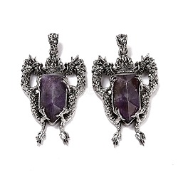 Natural Amethyst Faceted Big Pendants, Dragon Charms, with Antique Silver Plated Alloy Findings, 52x33x8mm, Hole: 6x4mm(G-L524-04AS-01)
