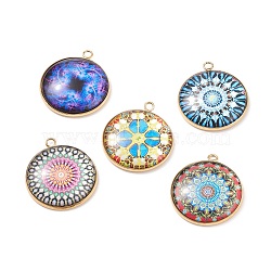 Glass Pendants, with 304 Stainless Steel Pendant Cabochon Setting, Flat Round, Golden, 30x26x6mm, Hole: 2.3mm(PALLOY-JF01711-02)