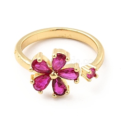 Cerise Cubic Zirconia Flower Open Cuff Ring, Rack Plating Brass Jewelry for Women, Cadmium Free & Lead Free, Real 18K Gold Plated, US Size 8(18.1mm)(KK-K270-06G)