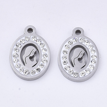 201 Stainless Steel Pendants, with Polymer Clay Crystal Rhinestone, Oval with Woman, Stainless Steel Color, 18x13x2mm, Hole: 1.6mm