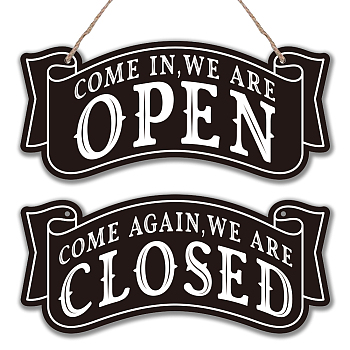 Natural Wood Business Open Closed Double-Sided Hanging Signs, with Jute Twine, Word, 135x300x5mm, Hole: 5mm