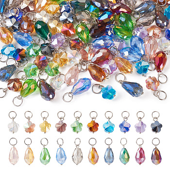 120Pcs 20 Style Electroplate Glass Pendant, Faceted Teardrop & Flower Charms, with Brass Ball Head Pins and 304 Stainless Steel Open Jump Rings, Mixed Color, 15~20mm, Holer: 5.4mm, 6Pcs/style
