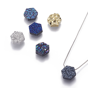 Brass Pendant Necklaces, with Druzy Resin and Box Chains, Hexagon, Platinum, Mixed Color, 17.71 inch(45cm), Pendant: 10x10x3.5mm
