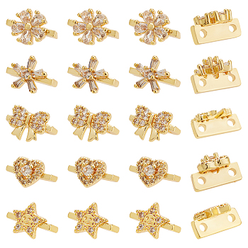 20Pcs 5 Style Rack Plating Brass Pave Clear Cubic Zirconia Flower Slide Charms, Cadmium Free & Lead Free, Long-Lasting Plated, Flower/Star/Heart/Bowknot, Real 18K Gold Plated, 6~7x10x5~6.5mm, Hole: 1.4mm, 4pcs/style