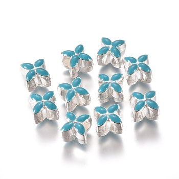 Alloy Enamel European Beads, Large Hole Beads, Flower, Silver Color Plated, Deep Sky Blue, 10x10x8mm, Hole: 5mm