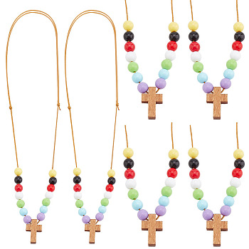 Wood Cross with Acrylic Beaded Pendant Necklaces for Women, Colorful, 18.50~31.50 inch(47~80cm)