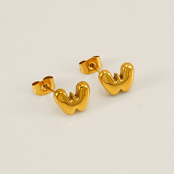 Chunk Letter 304 Stainless Steel Stud Earrings for Women, Real 18K Gold Plated, Letter W, 7.5~8.5x5~10.5mm