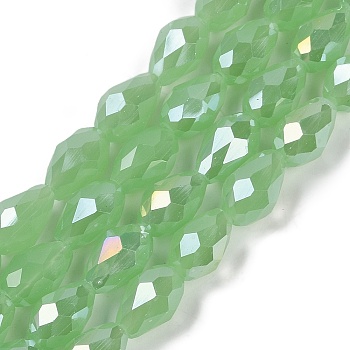 Opaque Solid Color Electroplate Glass Beads Strands, AB Color Plated, Faceted, Teardrop, Light Green, 11.5x8mm, Hole: 1.2mm, about 55~57pcs/strand, 25.59 inch(65cm)