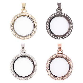CHGCRAFT 4Pcs 4 Colors Alloy Photo Frame Pendants, with Crystal Resin Rhinestone, Cadmium Free & Lead Free, Flat Round, Mixed Color, 30mm