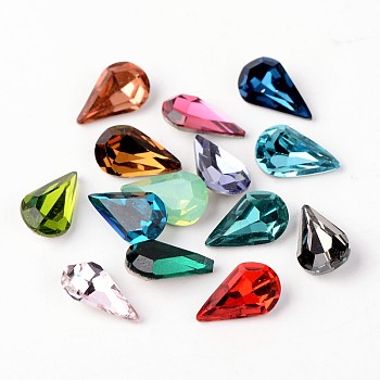 Faceted Teardrop Glass Pointed Back Rhinestone Cabochons, Grade A, Back Plated, Mixed Color, 13x8x4.5mm