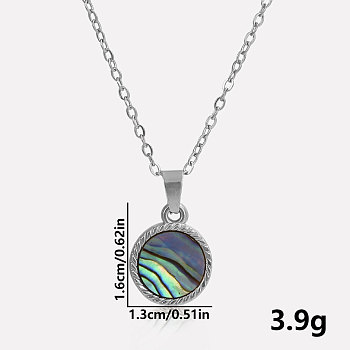 Stylish 304 Stainless Steel Pave Natural Paua Shell Flat Round Pendant Necklaces Simple Design Jewelry, Stainless Steel Color, Pendant: 1.6x1.3cm