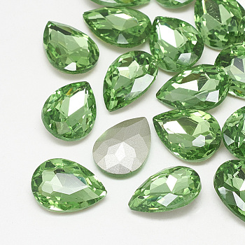 Pointed Back Glass Rhinestone Cabochons, Back Plated, Faceted, teardrop, Peridot, 14x10x4.5mm
